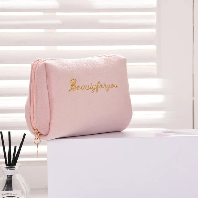 Velká sametová kosmetická taška se zipem - růžový