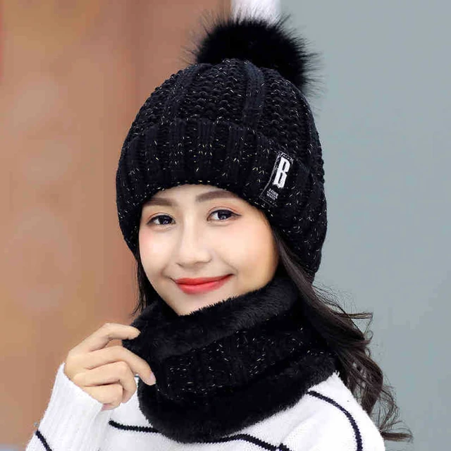 Zimní set pletené čepice a šály pro ženy - Černá