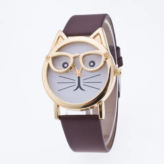 Dámské analogové hodinky | 3D hodinky s kočkou - hnědé