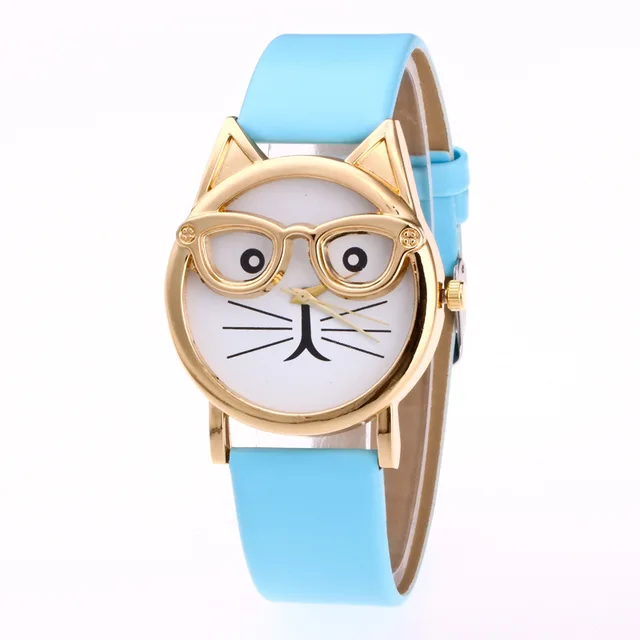 Dámské analogové hodinky | 3D hodinky s kočkou - světle modré