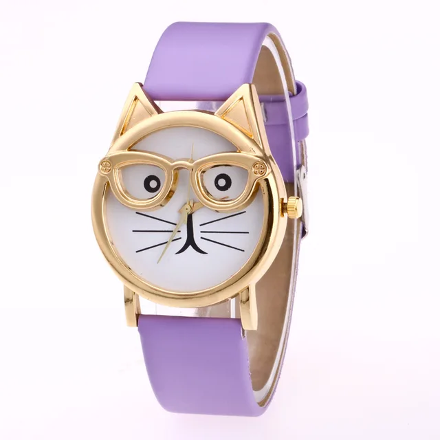 Dámské analogové hodinky | 3D hodinky s kočkou - světle fialové