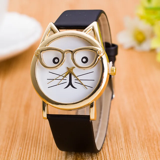 Dámské analogové hodinky | 3D hodinky s kočkou - černé