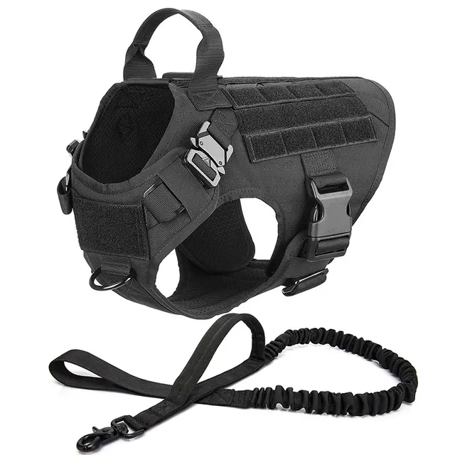 Taktický postroj a vodítko pro psy - Černé postrojové vodítko, XL