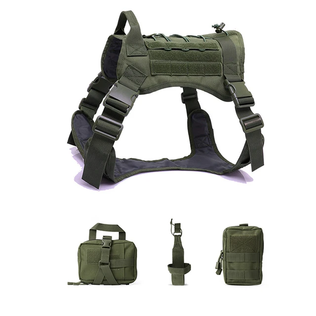 Taktický postroj pro psy s vodítkem - Zelená taška na postroj, XL