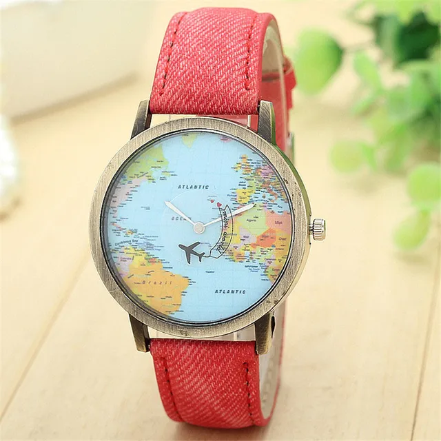 Dámské náramkové hodinky s mapou světa - Červené