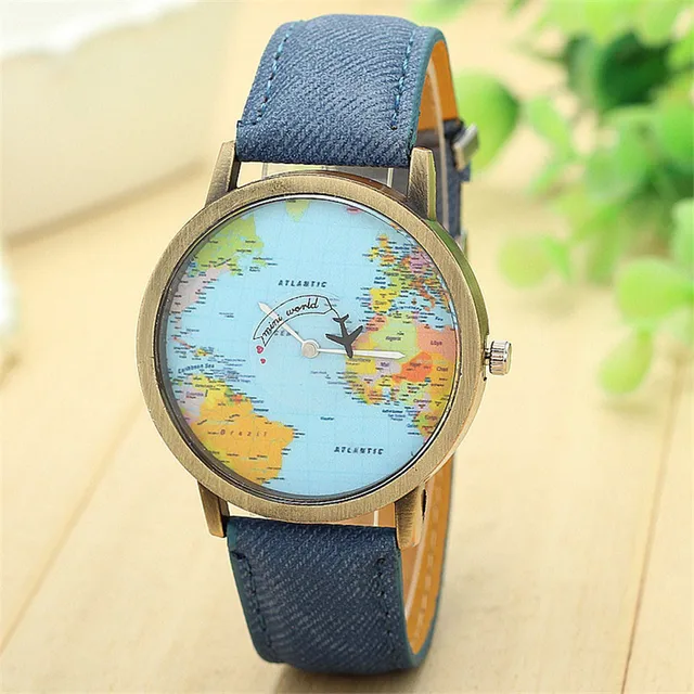 Dámské náramkové hodinky s mapou světa - Modrý
