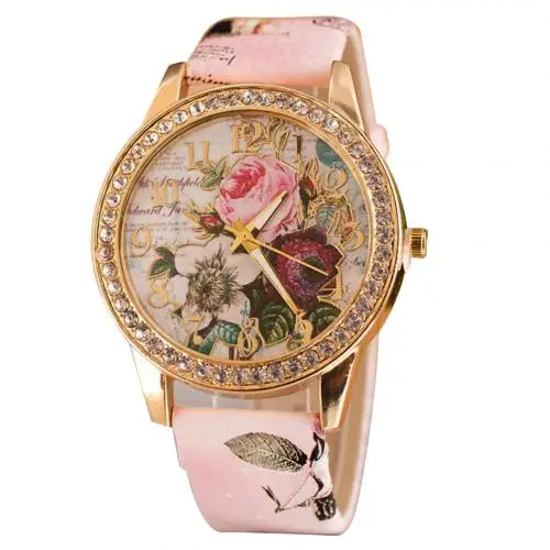 Dámské hodinky | náramkové hodinky, květinový styl - růžový