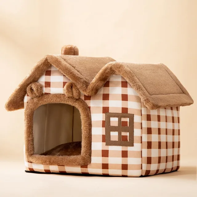 Zateplená plyšová bouda pro malé psy a kočky - Medvěd hnědý, L 49 x 39 x 46 cm