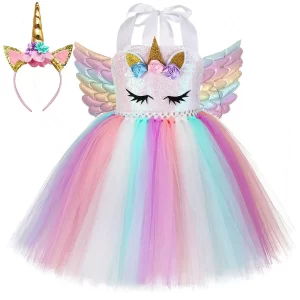 Dívčí jednorožčí šaty s křídly a čelenkou