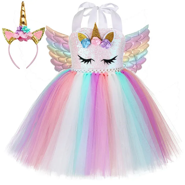 Dívčí jednorožčí šaty s křídly a čelenkou - set s pastelovými křídly, 5 let