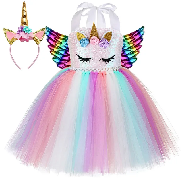 Dívčí jednorožčí šaty s křídly a čelenkou - set s duhovými křídly, 5 let