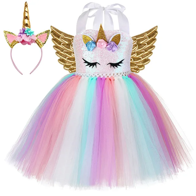 Dívčí jednorožčí šaty s křídly a čelenkou - set se zlatými křídly, 4 roky