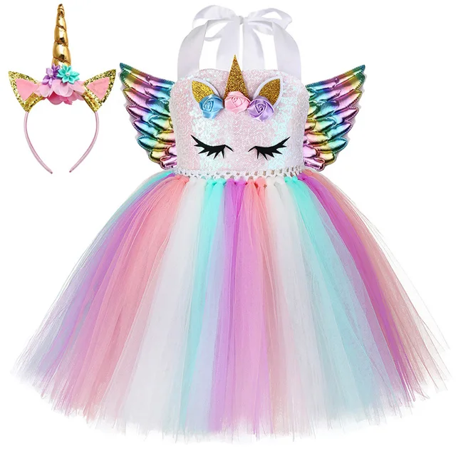 Dívčí jednorožčí šaty s křídly a čelenkou - sada s duhovými křídly, 4 roky