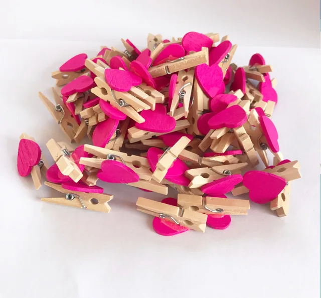 Dekorace srdíčka | dřevěné kolíčky s provázkem, 50 ks - 50KS Růžově červená