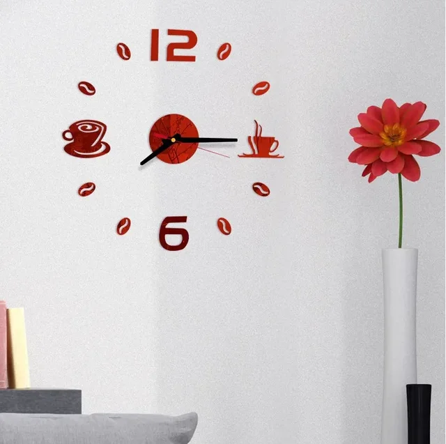 Nástěnné hodiny | nalepovací hodiny, motiv káva - červené