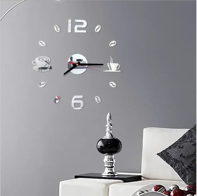 Nástěnné hodiny | nalepovací hodiny, motiv káva - stříbrné
