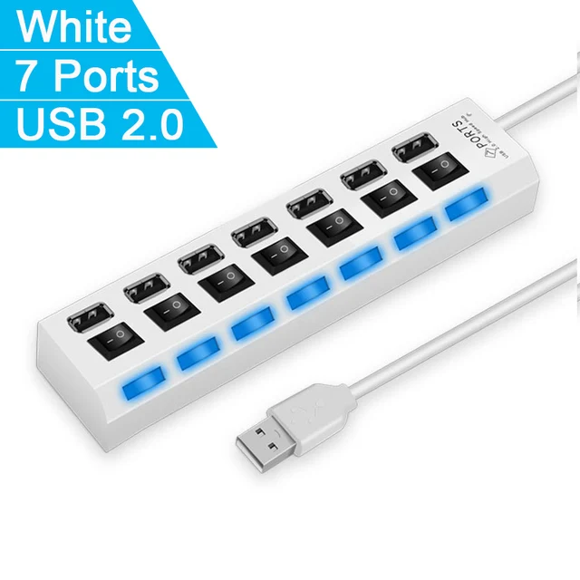 Vysokorychlostní USB hub s LED přepínačem 4/7 portů - 7 portů bílá