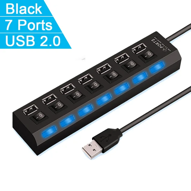 Vysokorychlostní USB hub s LED přepínačem 4/7 portů - 7 portů černá