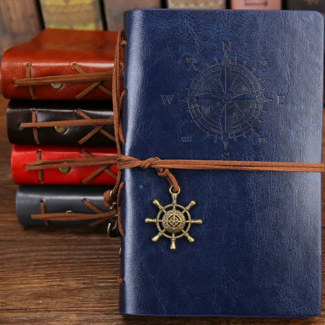 Retro kožený deník s kotvou pro cestovatele - Modrá 105x145mm