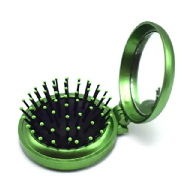 Metalický kartáč na vlasy | skládací hřeben se zrcátkem - Zelená