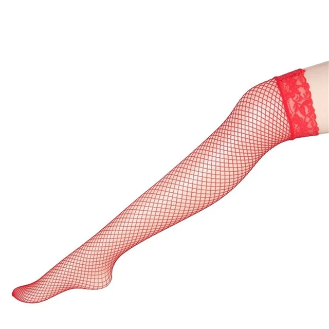 Krajkové síťované dámské punčochy samodržící - Červené, Jedna velikost