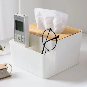 Plastová krabička na kapesníky s dřevěným víkem | plastový box, úložný box