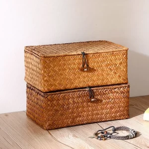Bambusový úložný koš s víkem pro boho dekorace | úložná krabice, úložné košíky