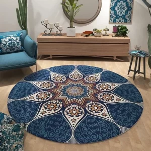 Protiskluzový kulatý koberec s orientálními motivy | designová podložka pod židli